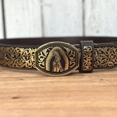 Genuine Laser Cut Leather Virgen Western Belt with Removable Buckle – Gold