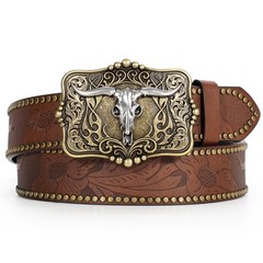 TRIWORKS Leather Belt with Western Buckle – Engraved and One Size, Brown