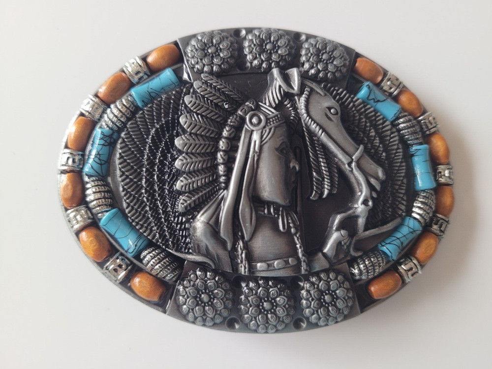 Silver Finish 4&Prime; Buckle Western Belt Buckle W/ Turquoise Stone Native American