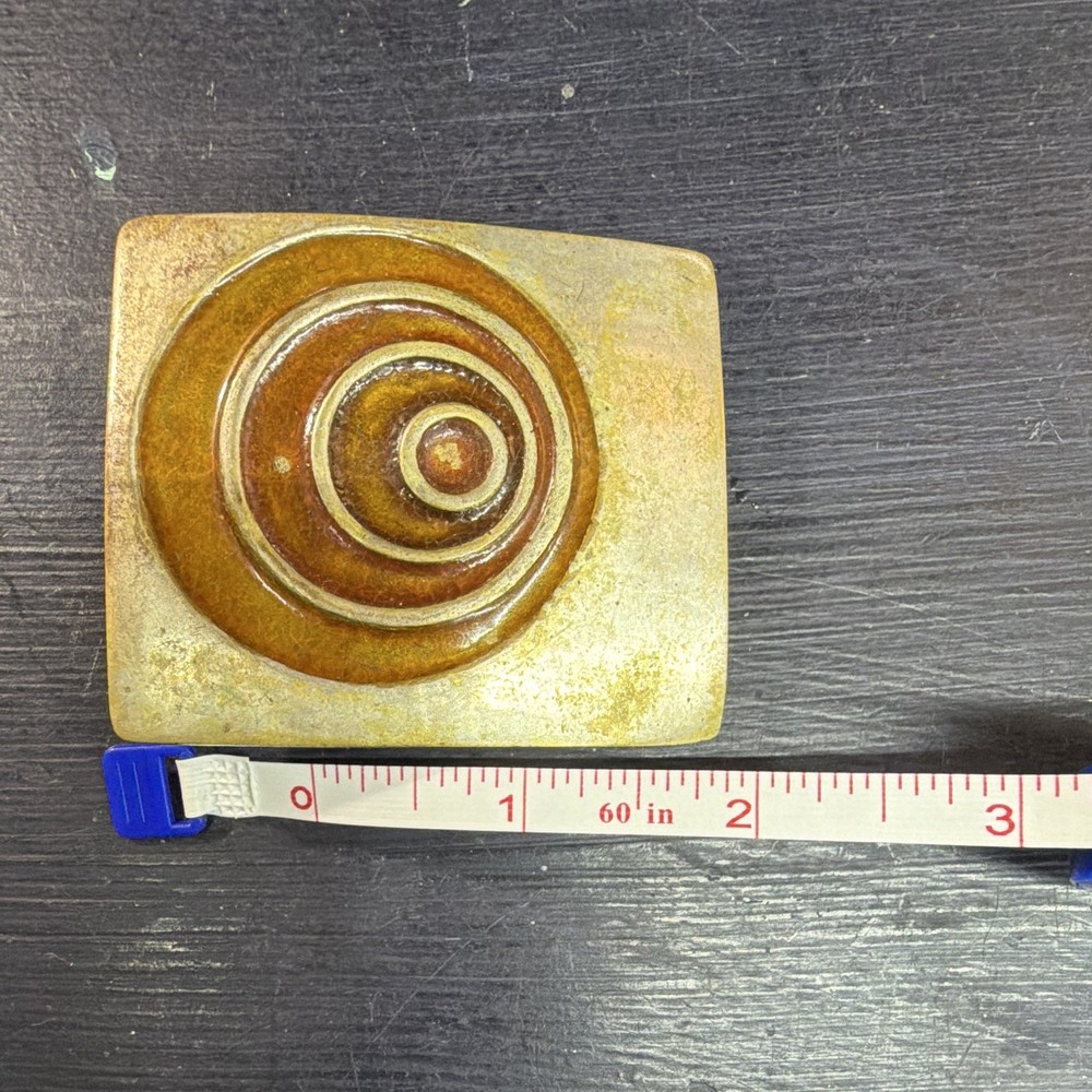 Vintage Brass Metal Belt Buckle, Brown Enameled Spiral Abstract Design