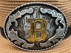 Antiqued Silver Gold Initial B Oval Western Cowboy Floral Vine Belt Buckle