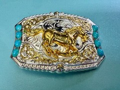 Running Galloping Mustang Stallion Horse W/ Faux Turquoise Stones Belt Buckle