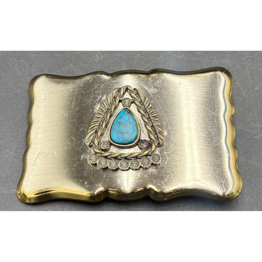 Vtg Native American Theme Belt Buckle Faux Turquoise Scalloped Edge Southwestern