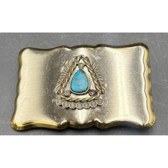 Vtg Native American Theme Belt Buckle Faux Turquoise Scalloped Edge Southwestern