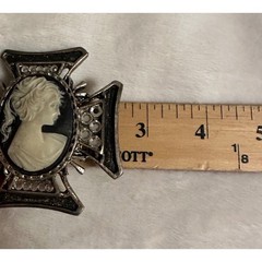 Vintage Gothic Cameo Maltese Cross Belt Buckle Silver Tone Rhinestone Mens Biker
