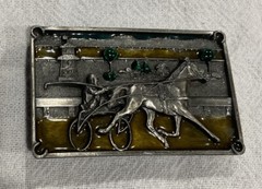 BELT BUCKLE EQUESTRIAN DESIGN 1984 BERGAMOT BRASS WORKS SILVER TONE Enamel