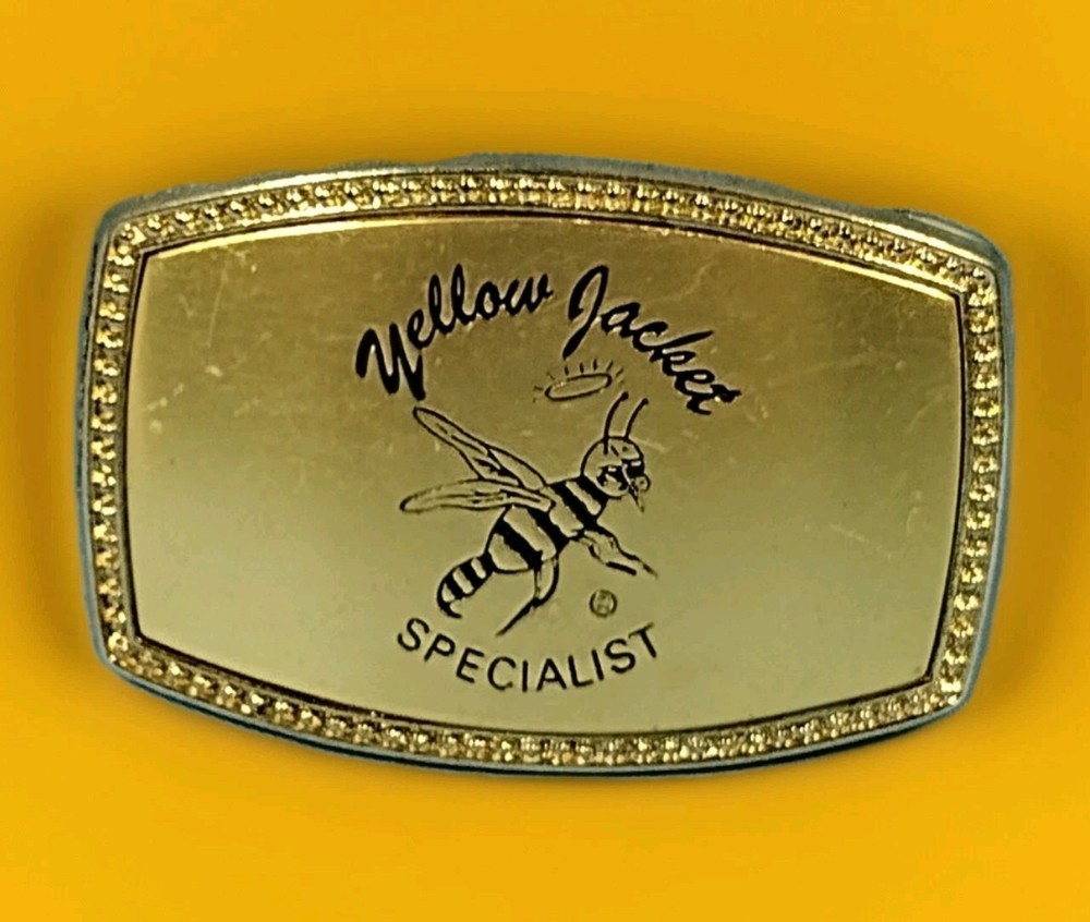 Vintage Yellow Jacket Specialist Belt Buckle Oil Drilling RN# 681 Gold Color