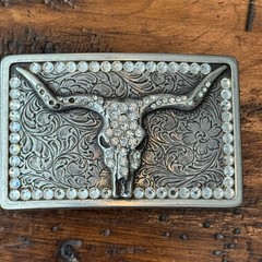 Western Longhorn Skull Belt Buckle Silver Engraved Floral Rhinestone Accents