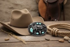 Men Western Belt Buckle Silver Metal Revolver Pistol Gun Feather Bull Turquoise