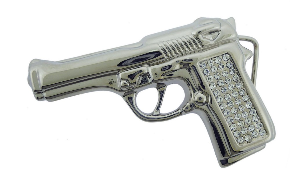 Gun Belt Buckle Silver Chrome Metal Blinged Iced Style Fashion Men Women Cowgirl