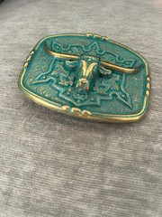 Longhorn Steer Skull Belt Buckle Patina Western Cowboy Bull Cow Green Gold