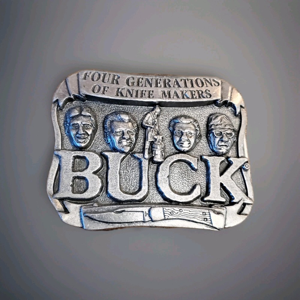 Buck Knives Vtg 70s Belt Buckle Four Generations of Knife Makers Smoky MT. Knife