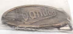Vintage RJ Brass Bandag Belt Buckle, 3 5/8&Prime; X 1-7/8&Prime;, NEW IN PACKAGE !!!