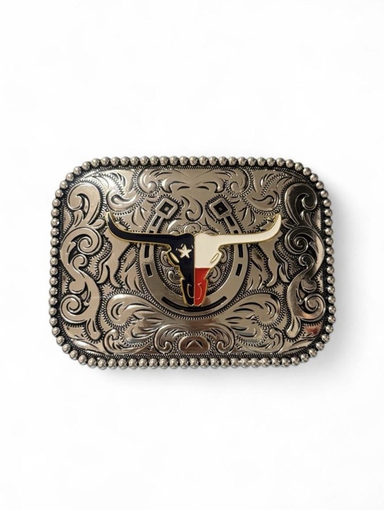 Western Longhorn Decorative Belt Buckle in Silver with Red, Blue & Gold Accents
