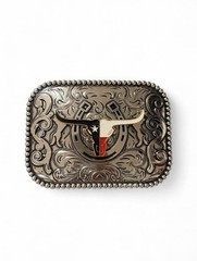 Western Longhorn Decorative Belt Buckle in Silver with Red, Blue & Gold Accents