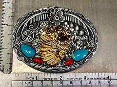 Native American Indian Chief in Head Dress Faux Turquoise & Coral Belt Buckle