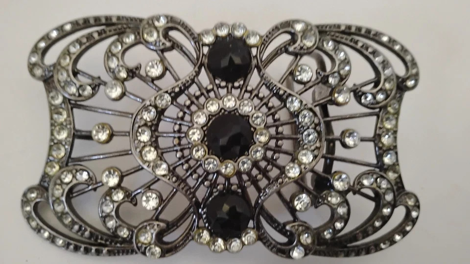 Vintage Goth Themed Metal Belt Buckle Rhinestones & Black Gems Fits 1.5 Hook