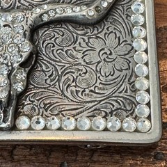 Western Longhorn Skull Belt Buckle Silver Engraved Floral Rhinestone Accents