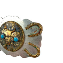 Vintage Nickel Silver Horseshoe Saddle Blue Gem Western Metal Belt Buckle