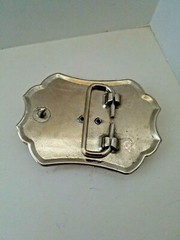 Belt Buckle Silver Tone Brown Polished Stone Flower Etched