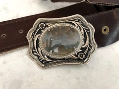 VINTAGE Leather BELT & BUCKLE SILVER tooled BUCKLE large POLISHED Jasper STONE