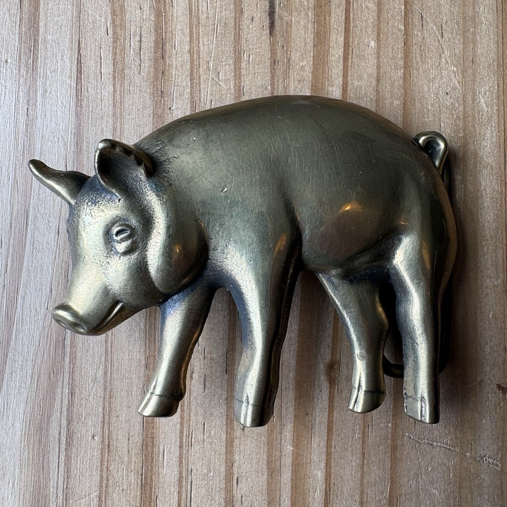 Vintage 1978 Baron Buckle Solid Brass Pig Belt Buckle Figural Hog Farming Swine