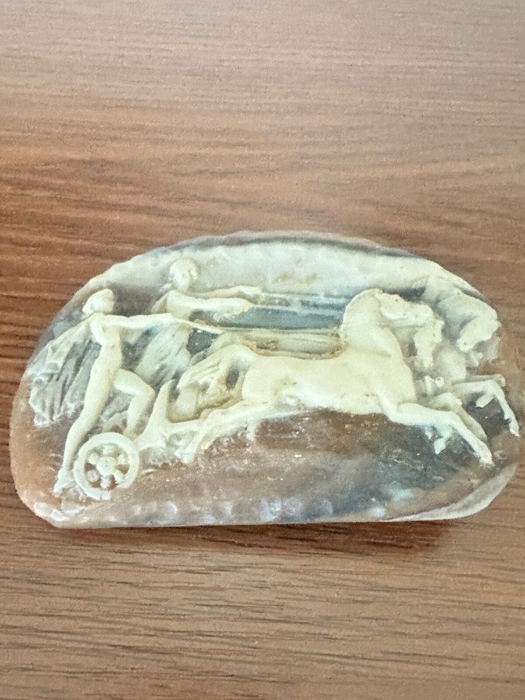 Vintage Large Carved Cream & Brown Resin Woman and Man Chariot Horses Belt Buckl