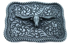 Men Buckle Silver Metal Bull Head Western Fashion Texas Long Horn Cow Jeans Pant