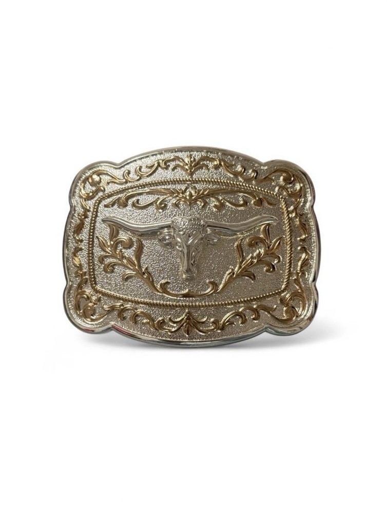 Silver & Gold Longhorn Belt Buckle with Ornate Floral and Scrollwork Design