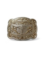 Silver & Gold Longhorn Belt Buckle with Ornate Floral and Scrollwork Design
