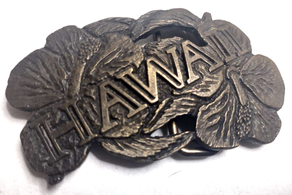 Belt Buckle Cast Brass HAWAII Red Hibiscus State Flower Dix Leather Co Denver CO