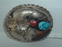 SIGNED R. BEGAY NAVAJO STERLING TURQUOISE CORAL BELT BUCKLE