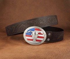 US Flag Western Longhorn Bull Horns Skull Enamel Belt Buckle Western Rodeo