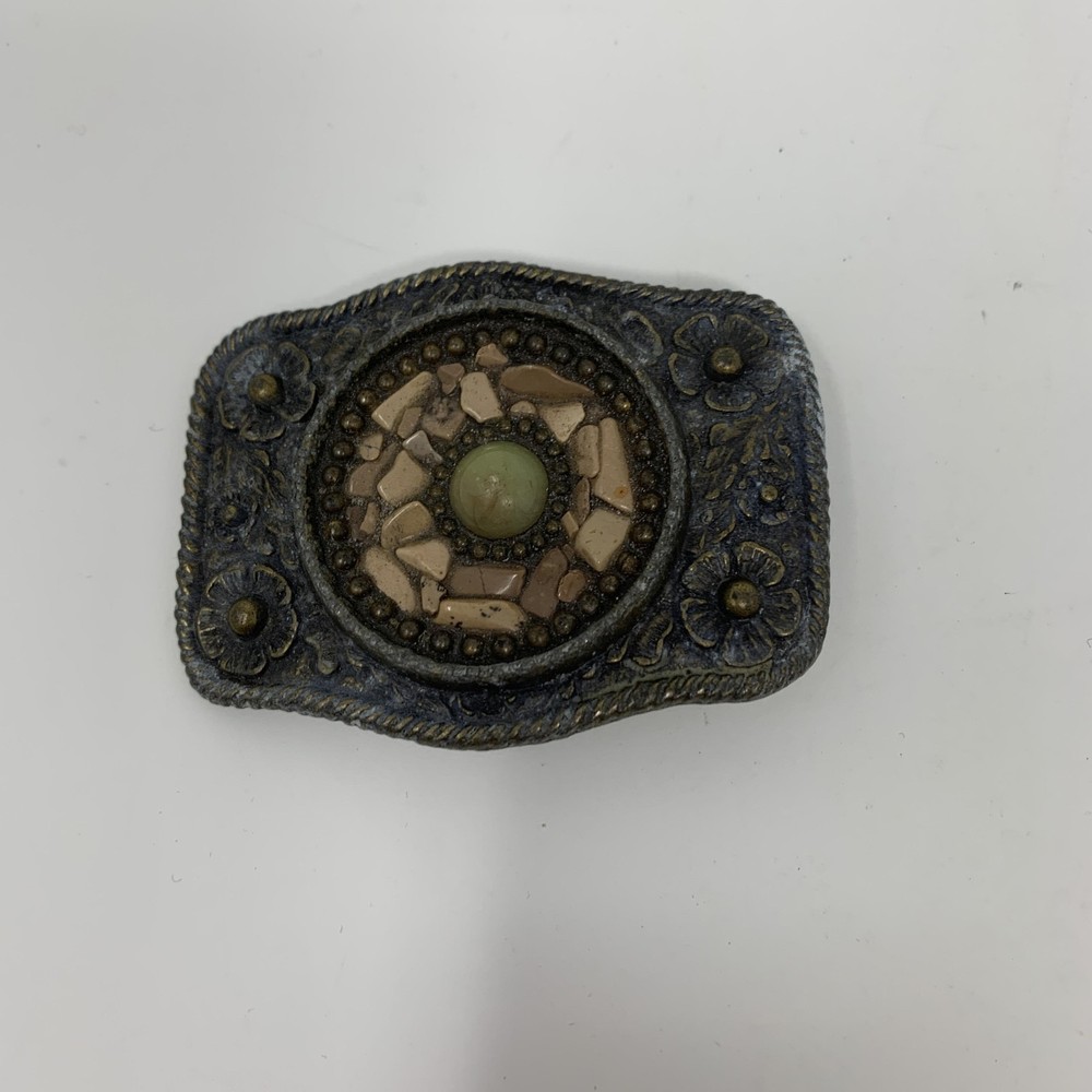 Western Belt Buckle Mens Gray Floral Metal Beaded Stone Mosaic Cowboy Rustic