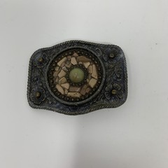 Western Belt Buckle Mens Gray Floral Metal Beaded Stone Mosaic Cowboy Rustic