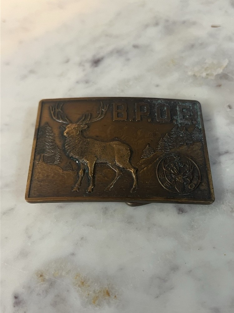 Vintage “BPOE Deer Hunting” Order of Elks Lodge Brass Belt Buckle 2” Rectangle