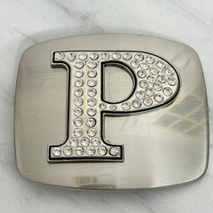 Rhinestone Letter P Monogram Belt Buckle Silver Tone Initial