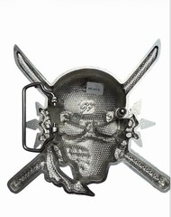 Skull Belt Buckle Skeleton Metal Gothic Tattoo Halloween Costume Crossed Swords
