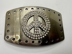 Peace Symbol Sign Rhinestone Bling Hole Border Hippy Silver Tone Belt Buckle