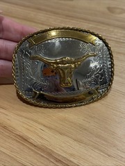 GOLD & SILVER (IN COLOR ONLY) RODEO WESTERN LONGHORN BULL Metal Belt Buckle