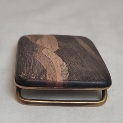 Terry L Evans Signed Inlaid Wood & Brass Belt Buckle Mountain Lanscape Scene VTG