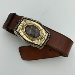 Vintage Gold Tone Western Belt Buckle Natural Polished Stone Center – A-22