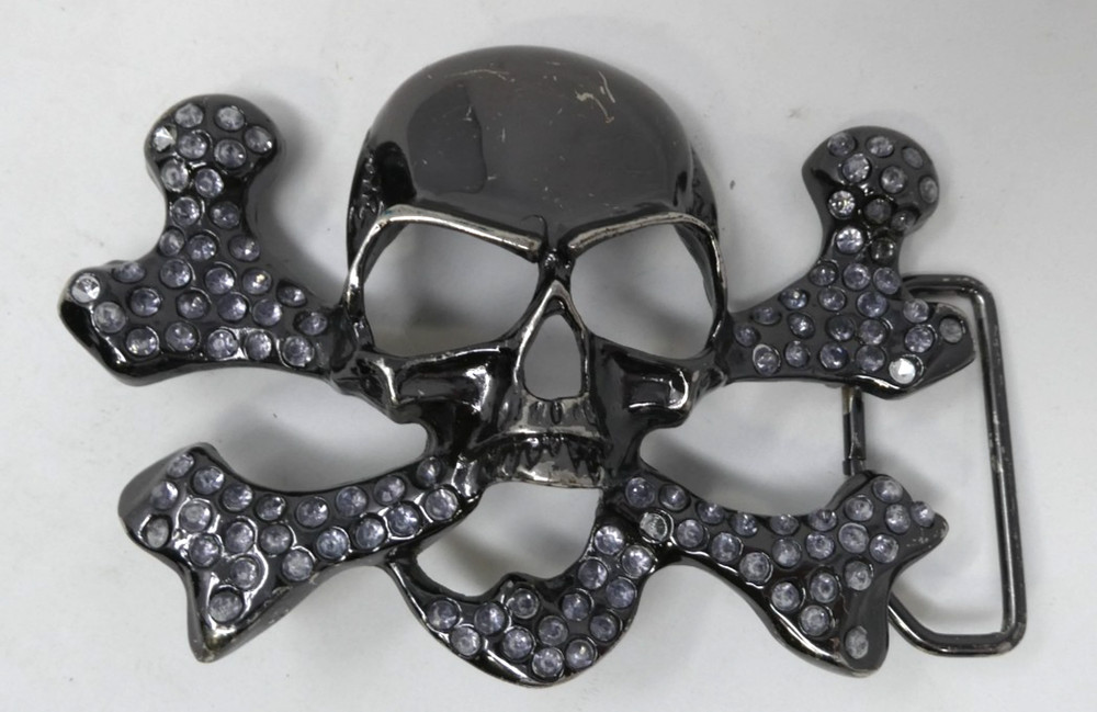 Skull Crossbones Black Chrome Rhinestone Covered Gothic Metal Punk Fits 1.5 Belt