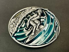 Surfer On Ocean Wave Pipeline Surfing Hang 10 – Blue Green Color Belt Buckle