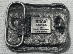 Buck Knives Belt Buckle Four Generations Of Knife Makers Pewter Smoky MT. Knife