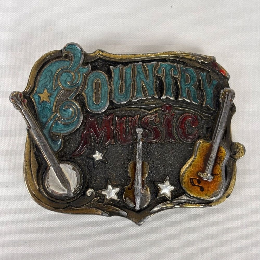 Vintage Country Music Belt Buckle 80&rsquo;s Western Bluegrass Cowboy Fiddle Banjo