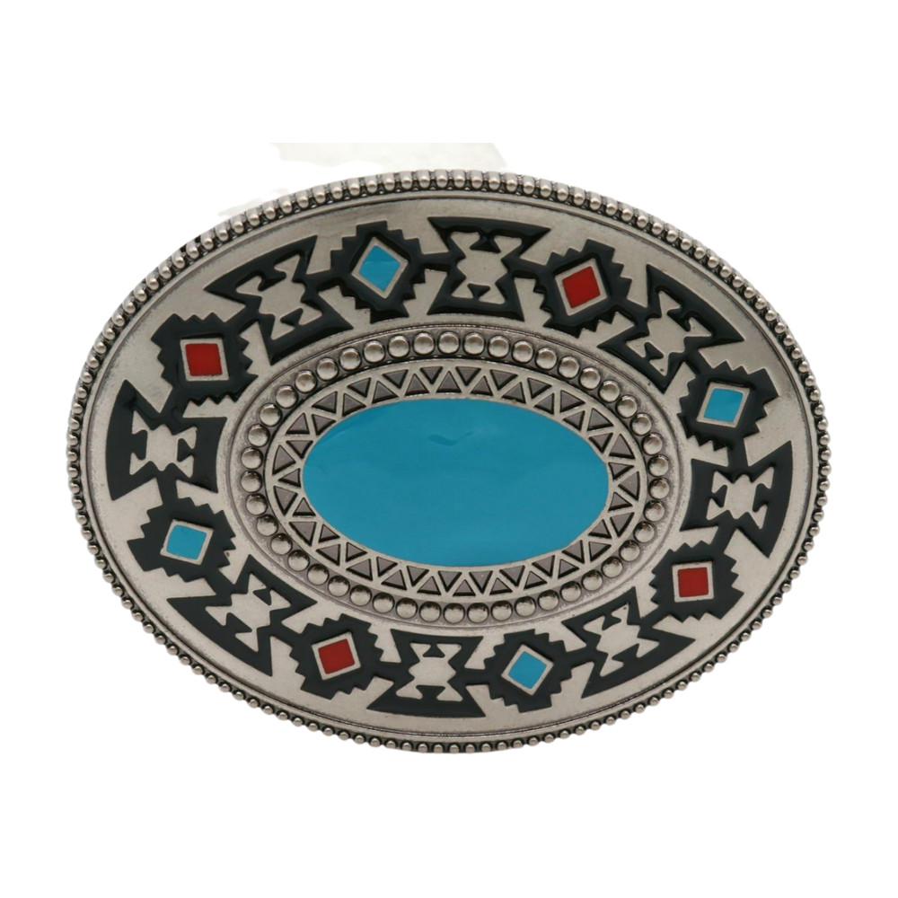 New Men Silver Metal Buckle Native Ethnic Aztec Style Oval Turquoise Blue Color