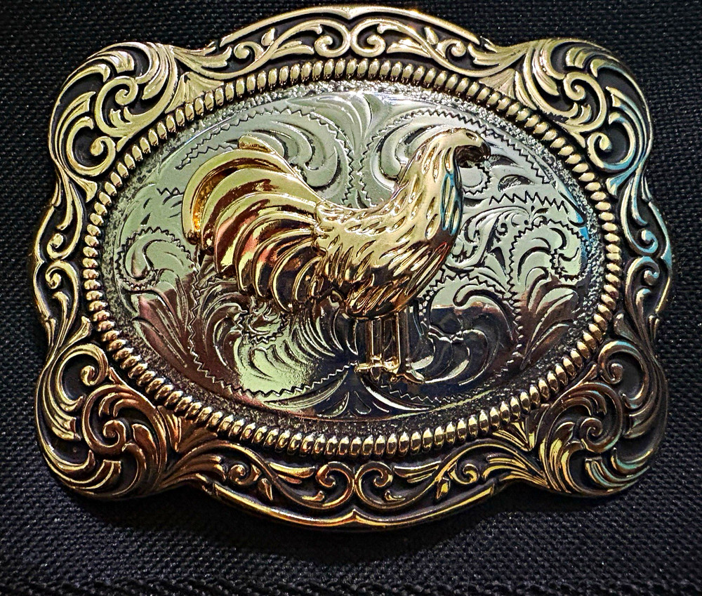 Western Rooster Floral Engraved Belt Buckle Gold/Silver Metal Fits 1.5in Belt