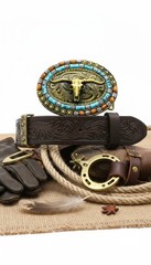 Men Antique Gold Metal Buckle Western Fashion Bull Long Horns Cow Turquoise Blue
