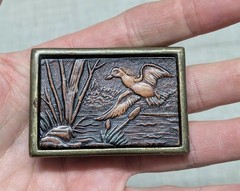 1970s vintage TOOLED belt buckle HANDCRAFTED leather DUCKS hunting WESTERN brass